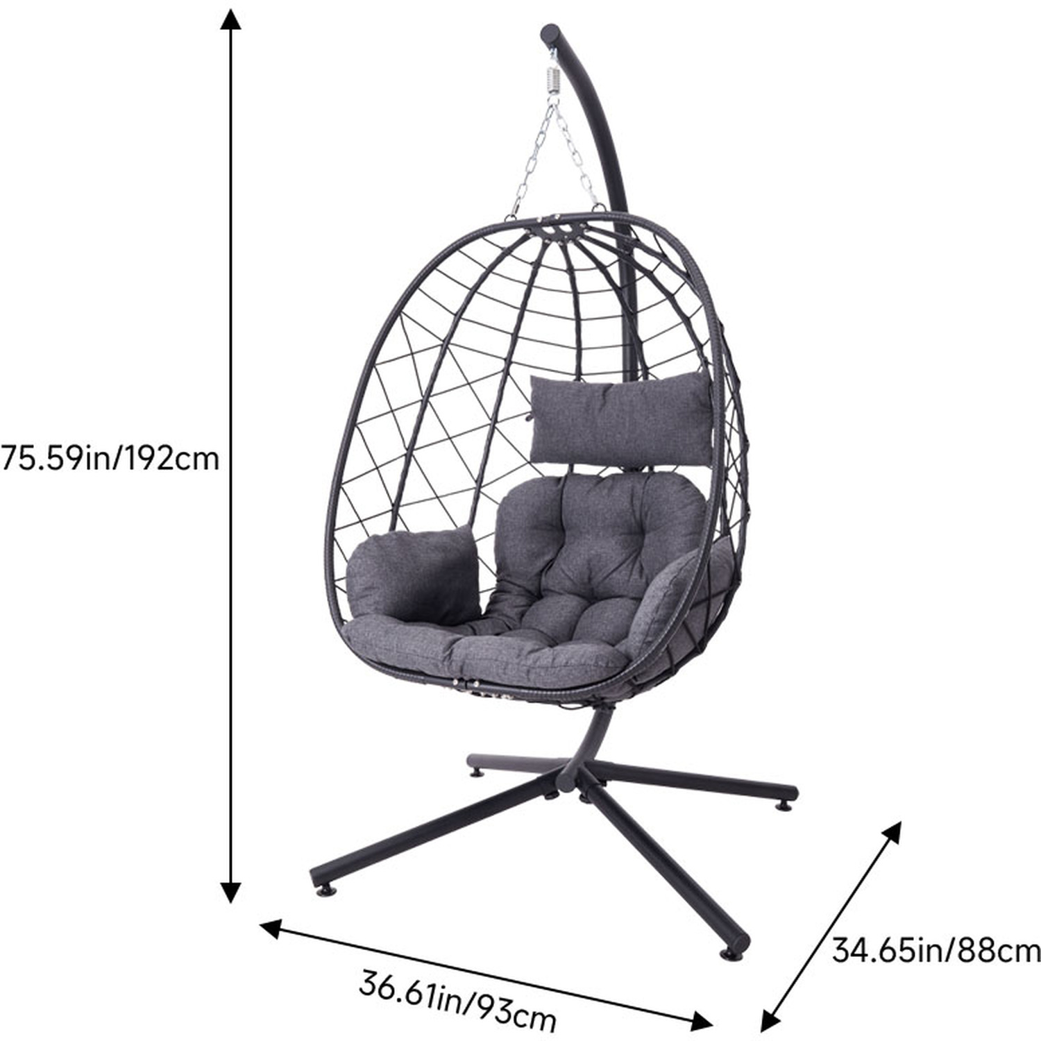 Hanging Egg Garden Swing Chair With Cushion And Headrest - Black