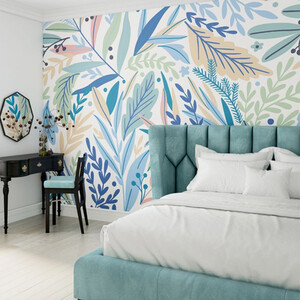 Patterned Leaves Washed Denim Wall Mural