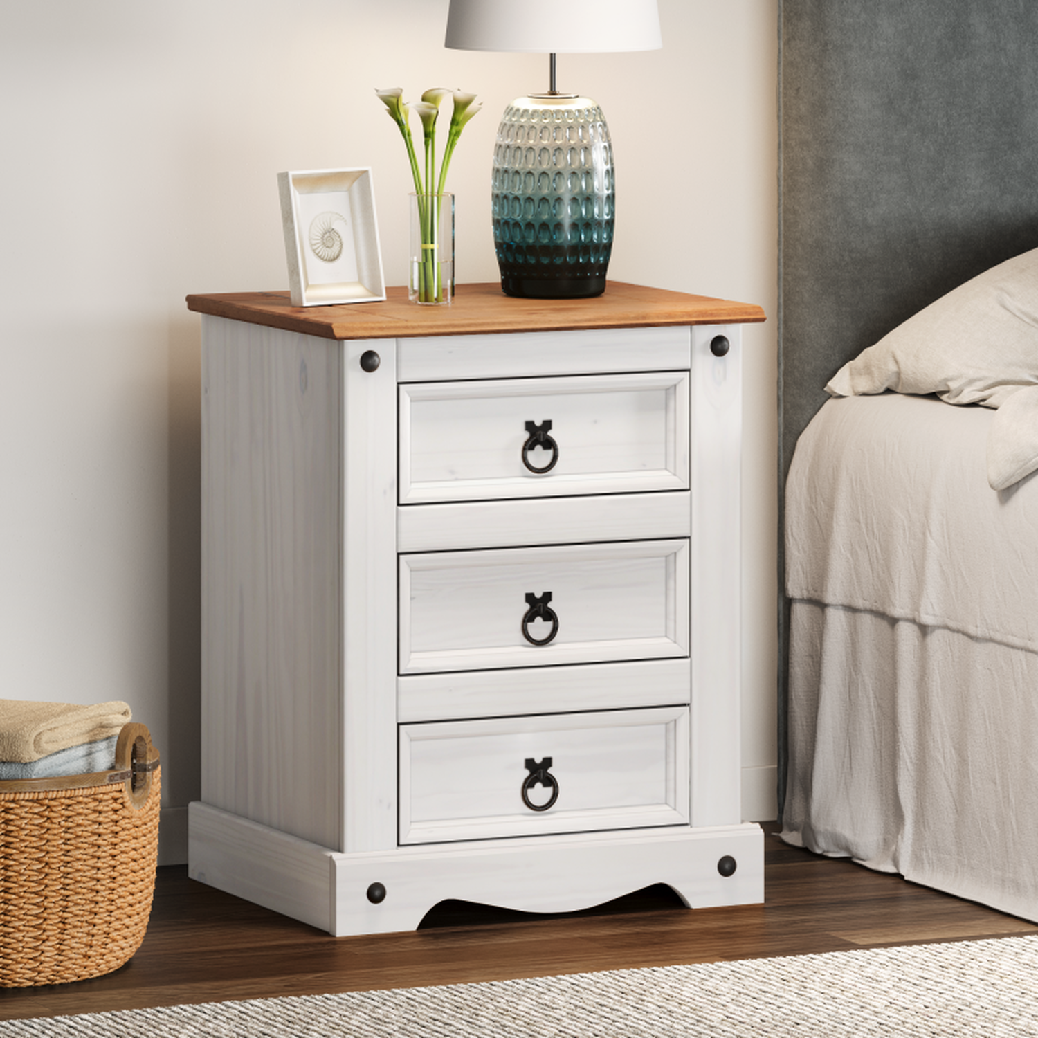 Mercers Furniture Corona Large 3 Drawer Bedside Cabinet Solid Wood Mexican Pine Wooden Bedroom - Distressed White Wax