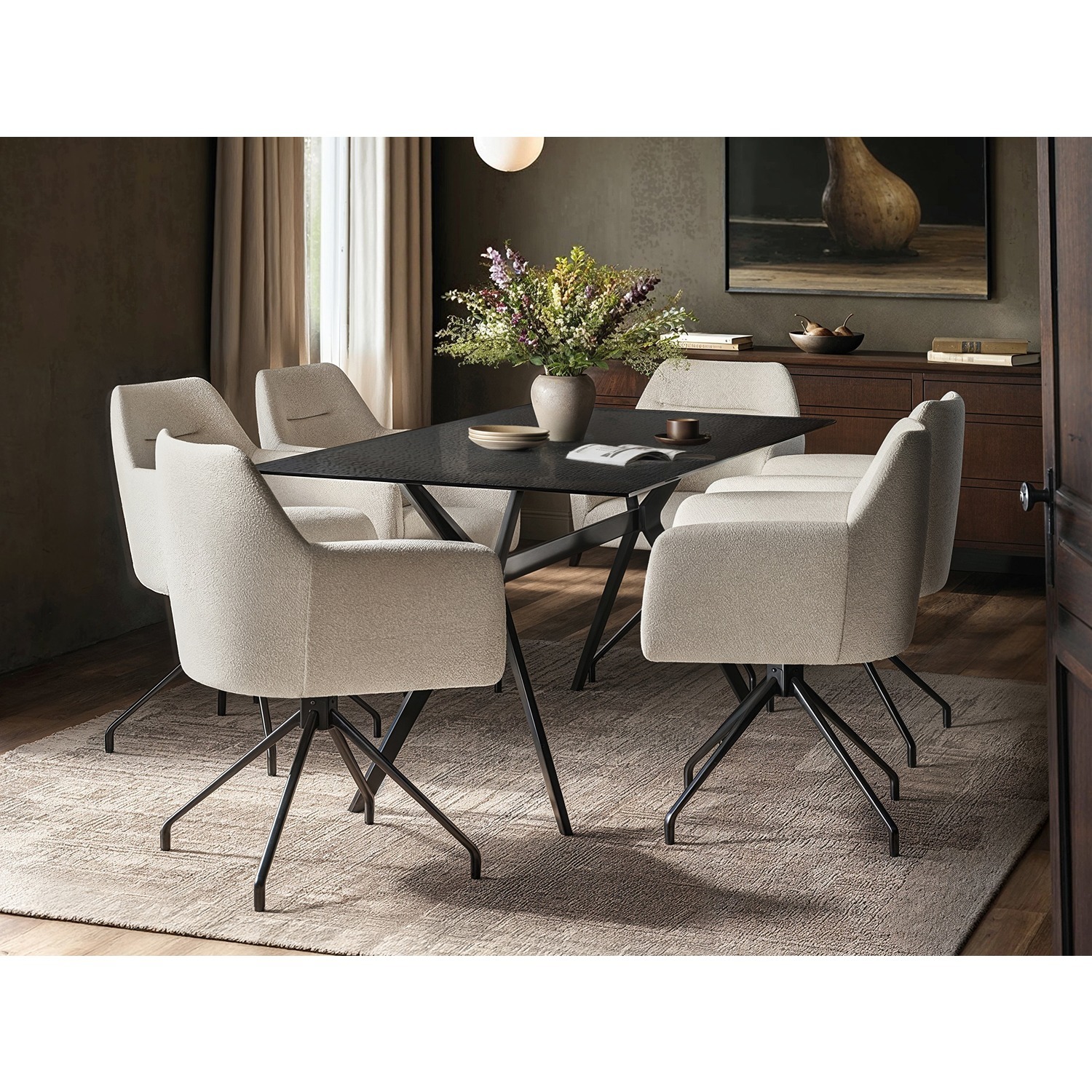 Emil Glass Dining Table with 6 Isla Chairs Set - Black + Cream