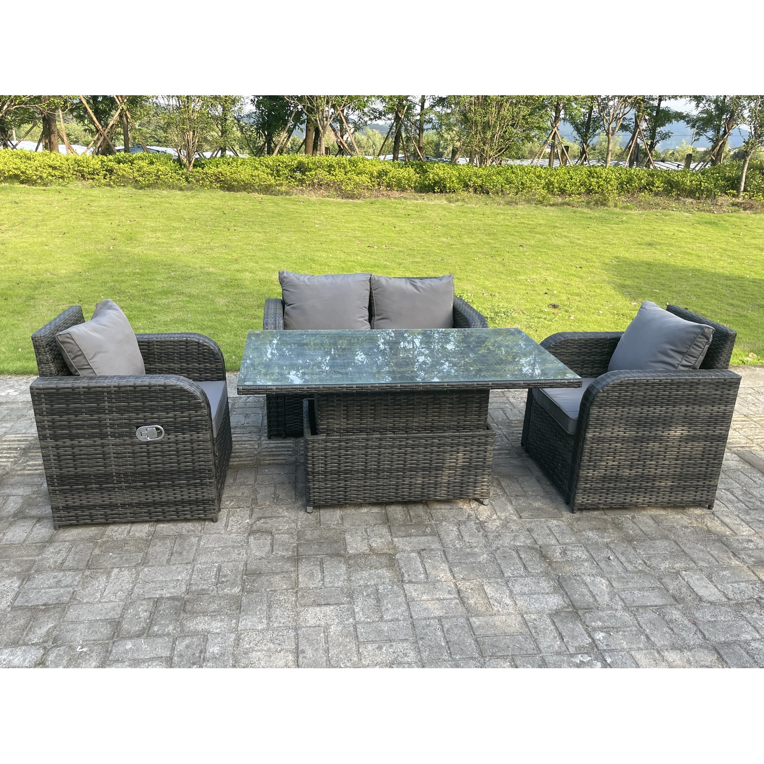 Fimous Rattan 4 Seater Adjustable Dining Set Love Sofa Reclining Chairs