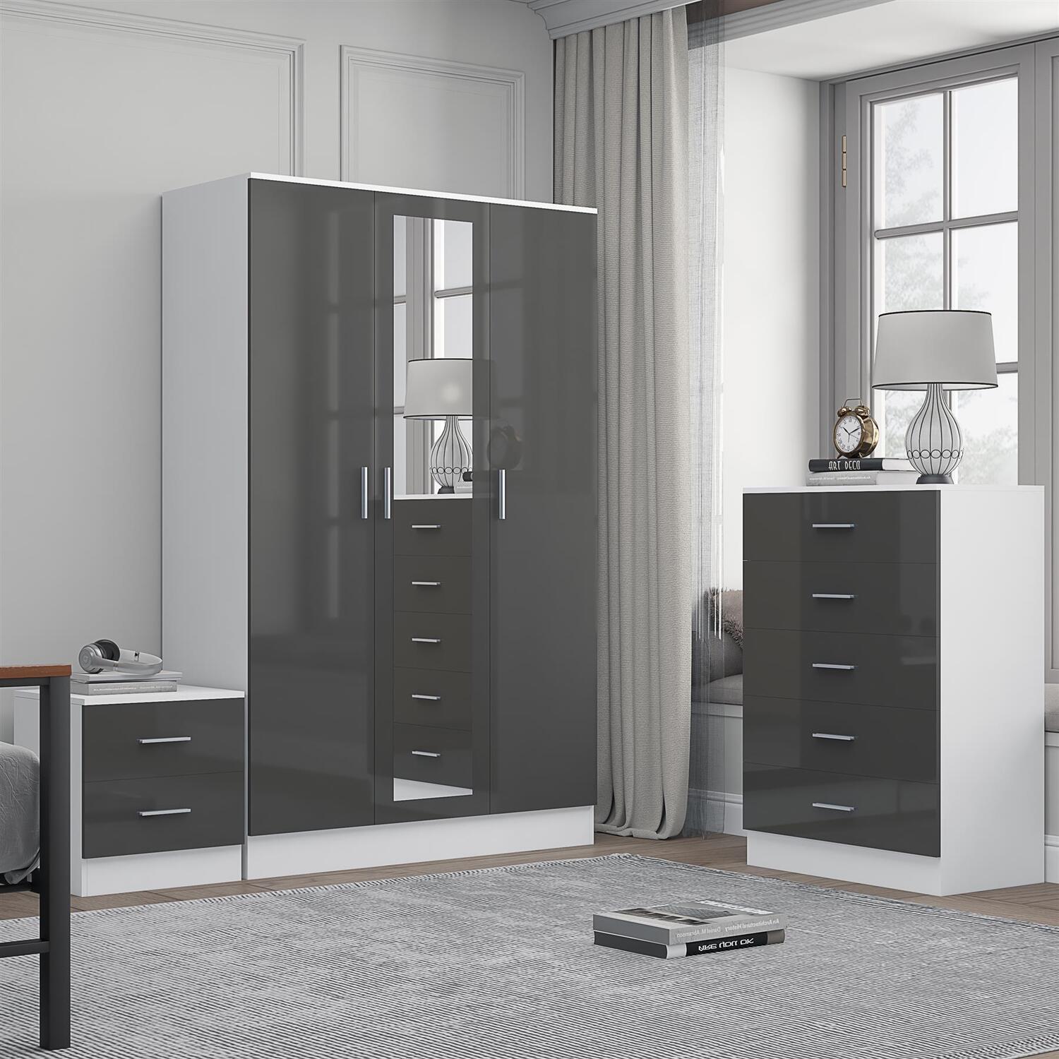 Reflect Bundle - 3Dr Mirror Wardrobe + Chest + Bedside - Grey/White - Grey Gloss / Matt White