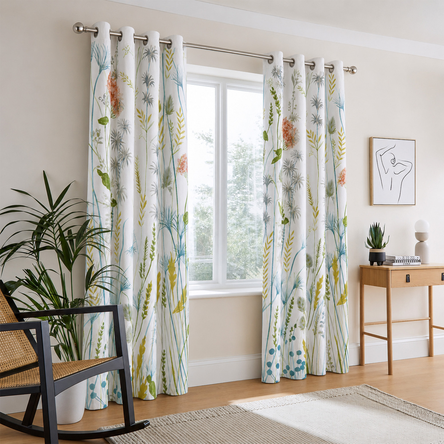 Large floral Printed Unlined Ringtop Curtains - Multi / 137cm