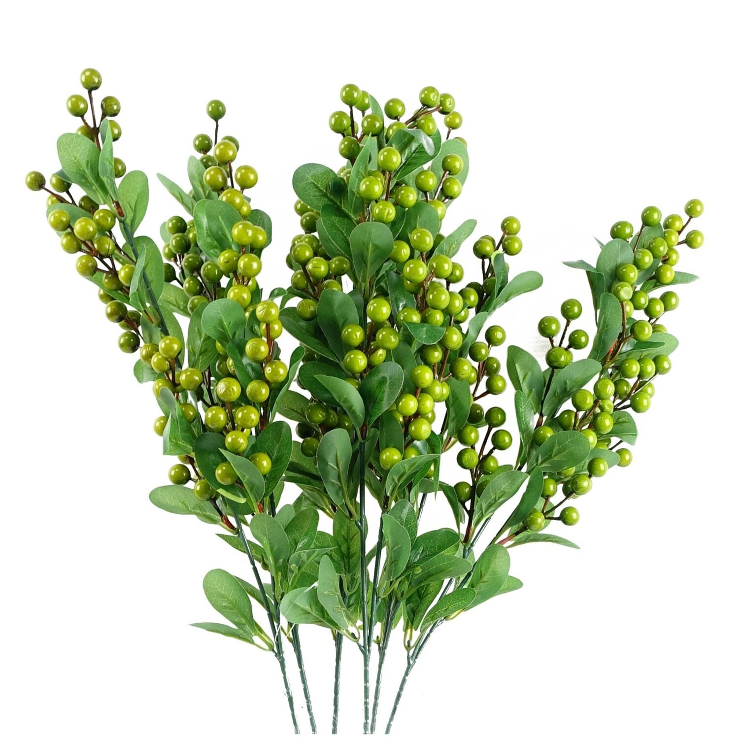 Pack of 6 Green Berry Stems with Plastic Leaves - Green