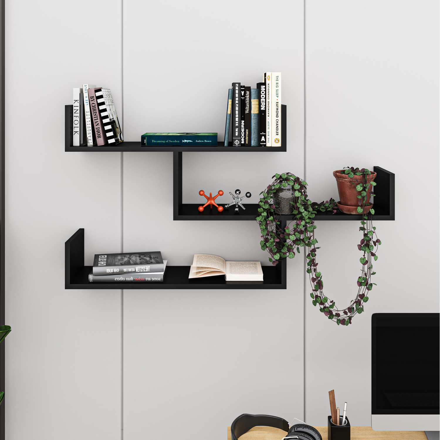 Decortie Tibet Wall Mounted Modern Bookcase Display Unit - Black Bute