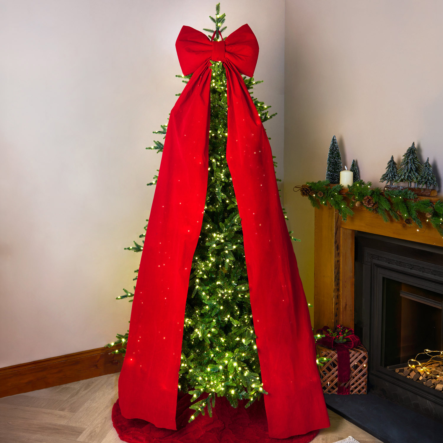 A Timeless Christmas Red Velvet Tree Topper Bow with Cascading Tassels for Festive Holiday Decor - Image 3
