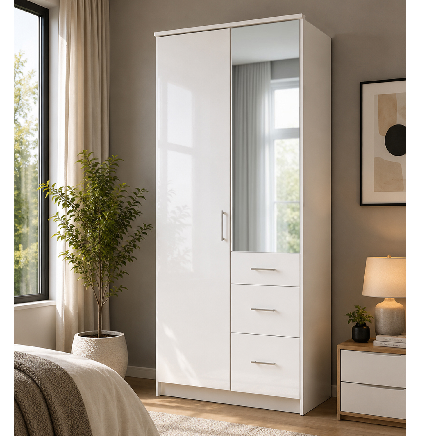 Kdmd Clack White Gloss 2 Door Mirrored 90Cm Wardrobe - White