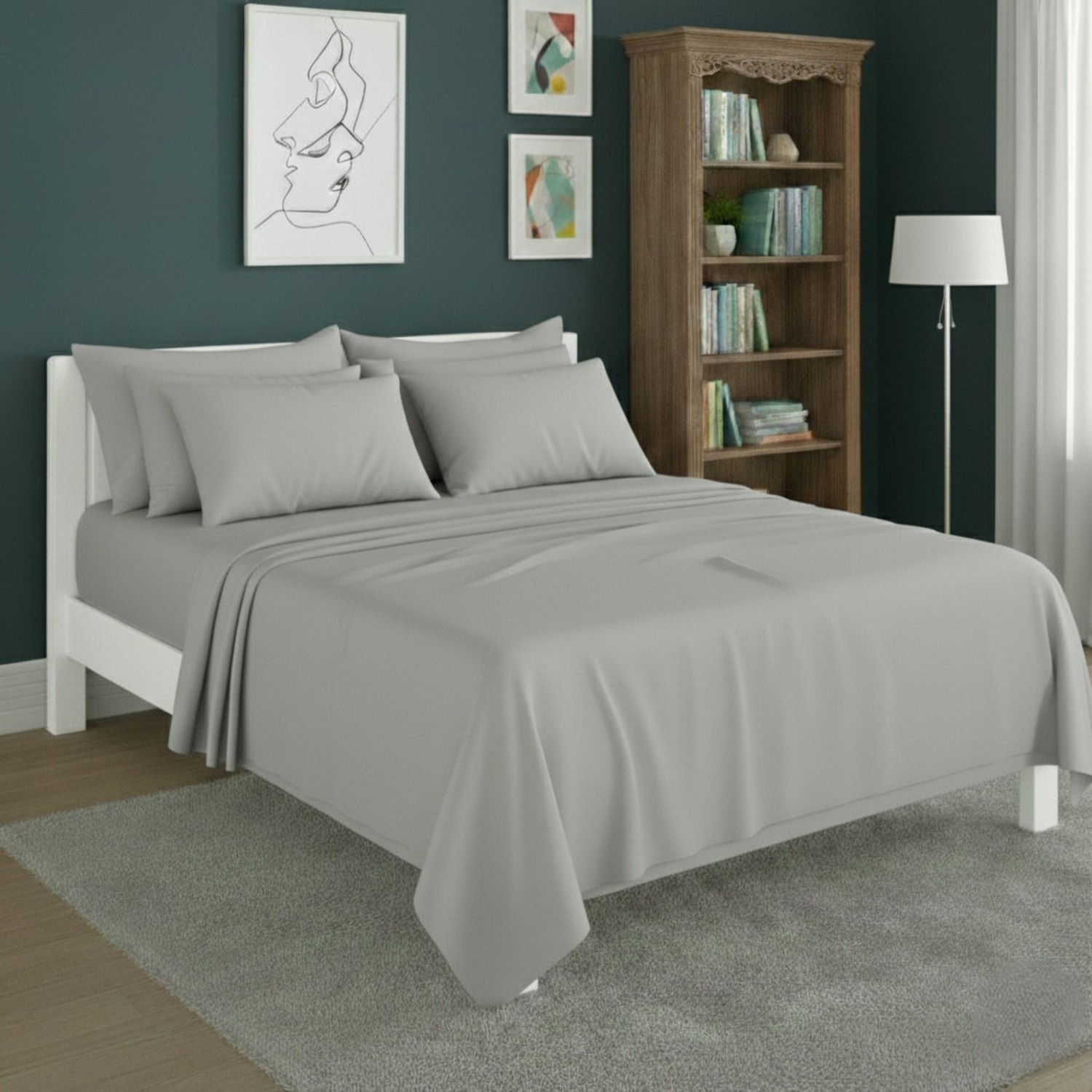 Snug City Plain Poly Cotton Easy Care Fitted Flat Sheet Matching Pillowcases Set in Silver | Size: Single