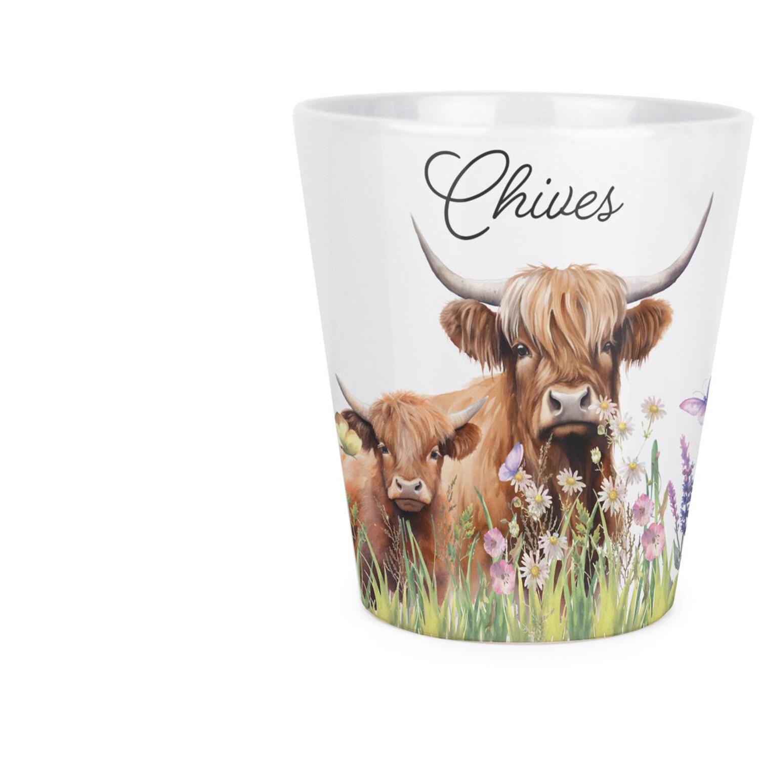 Chives Plant Pot - Highland Cow & Calf Ceramic Indoor Pot with Drainage Hole - Image 3