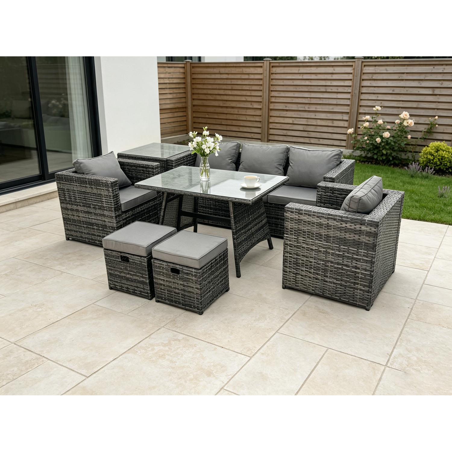 Fimous Unisex Dark Grey 7 Seater Rattan Outdoor Furniture Garden Dining Set With Lounge Sofa Dining Table 2 Armchairs Stools In Small - Image 2
