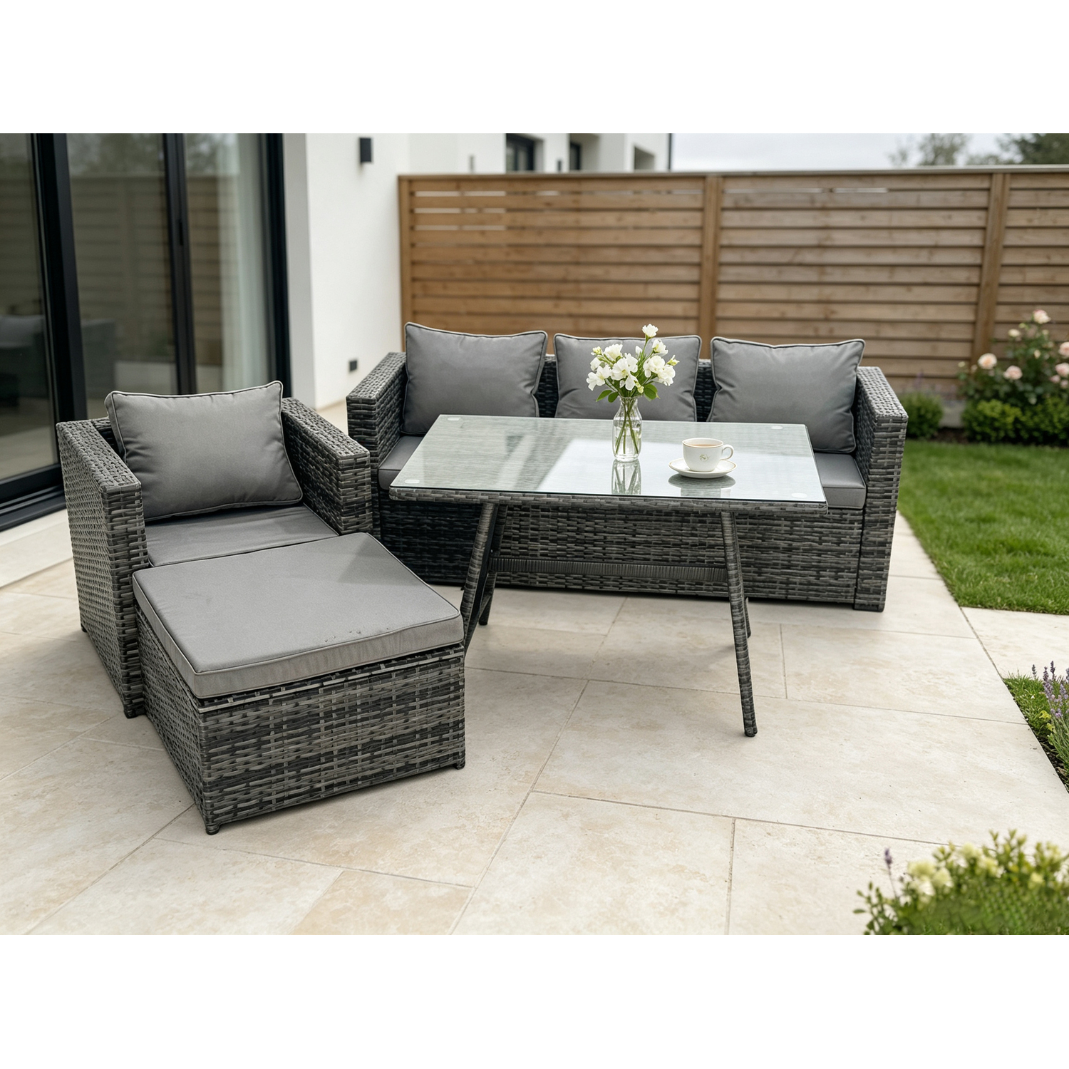 B&Q - Rattan Outdoor Furniture Garden Dining Set With Oblong Dining Table Armchair Big Footstool Dark Grey Mixed - Image 2