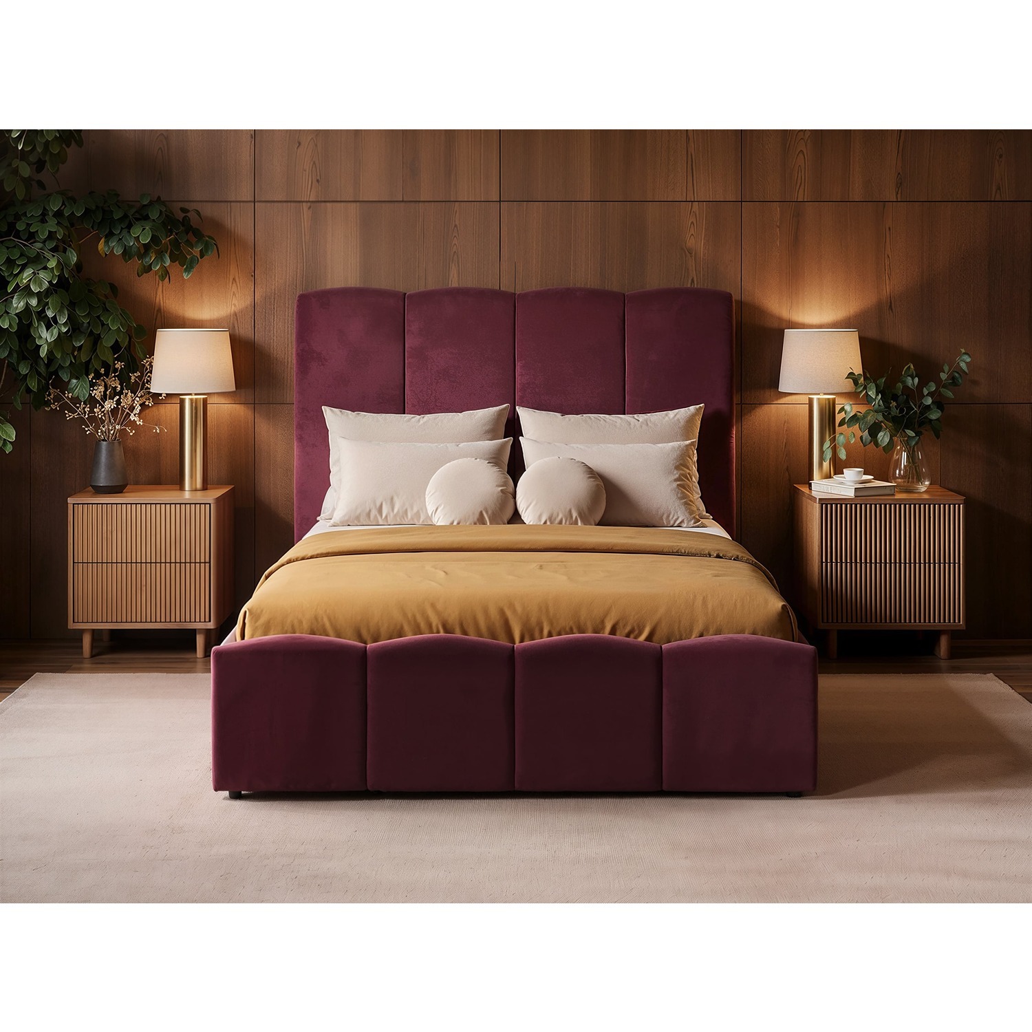 Solace+Co Unisex Burgundy Enrica Upholstered Panel Bed Frame With Statement Headboard In | : Double - Image 2