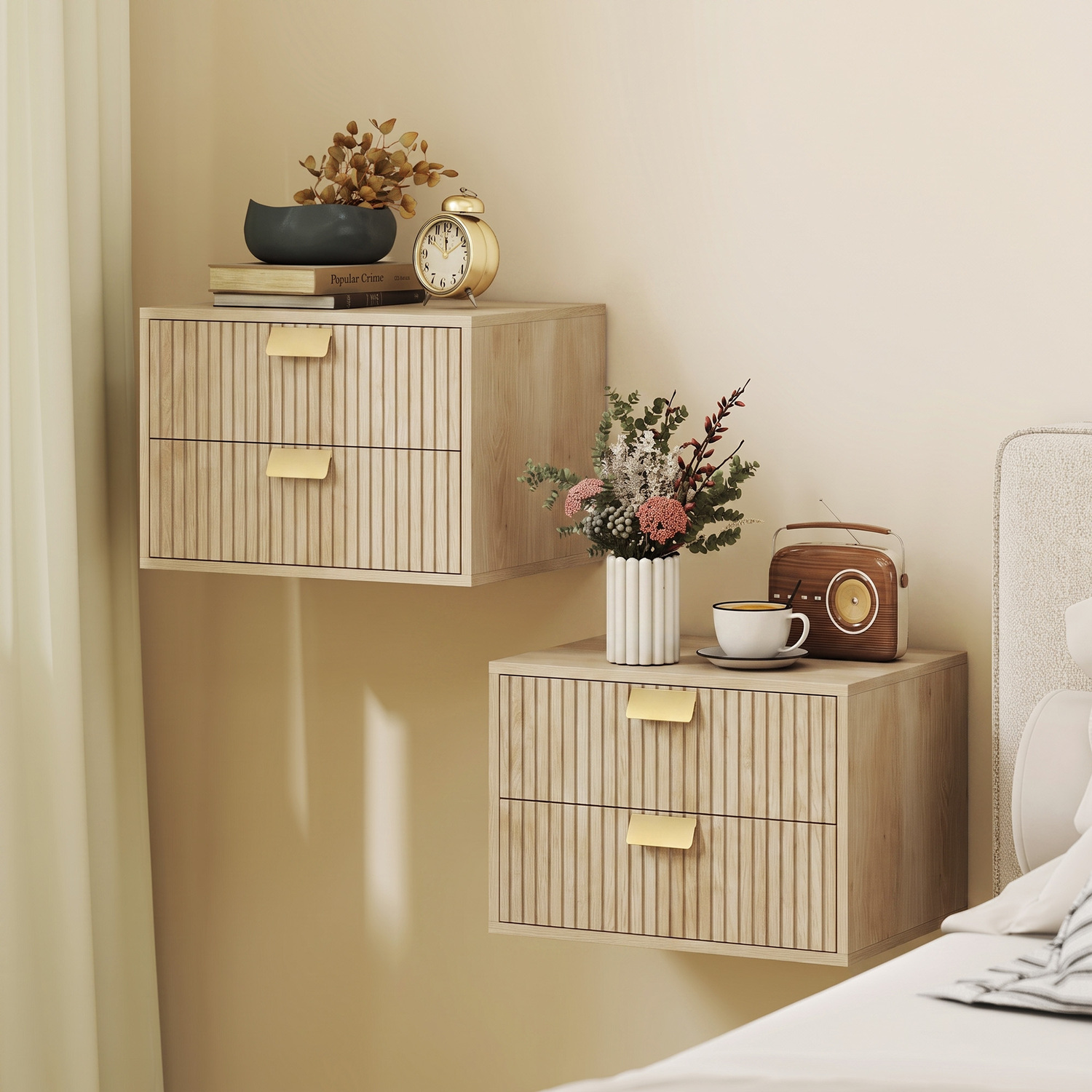 Homcom 2Pcs Modern Floating Nightstands, 2 Drawers Bedside Tables - Oak