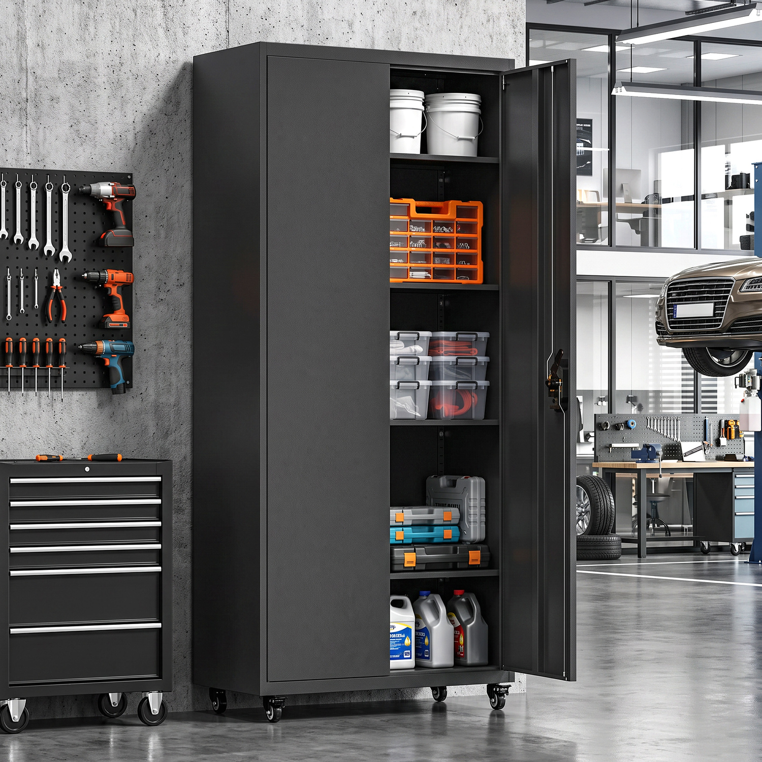 Garage Metal Storage Cabinet, 180 cm Tall Lockable Steel Tool Cabinet, Black - Image 3