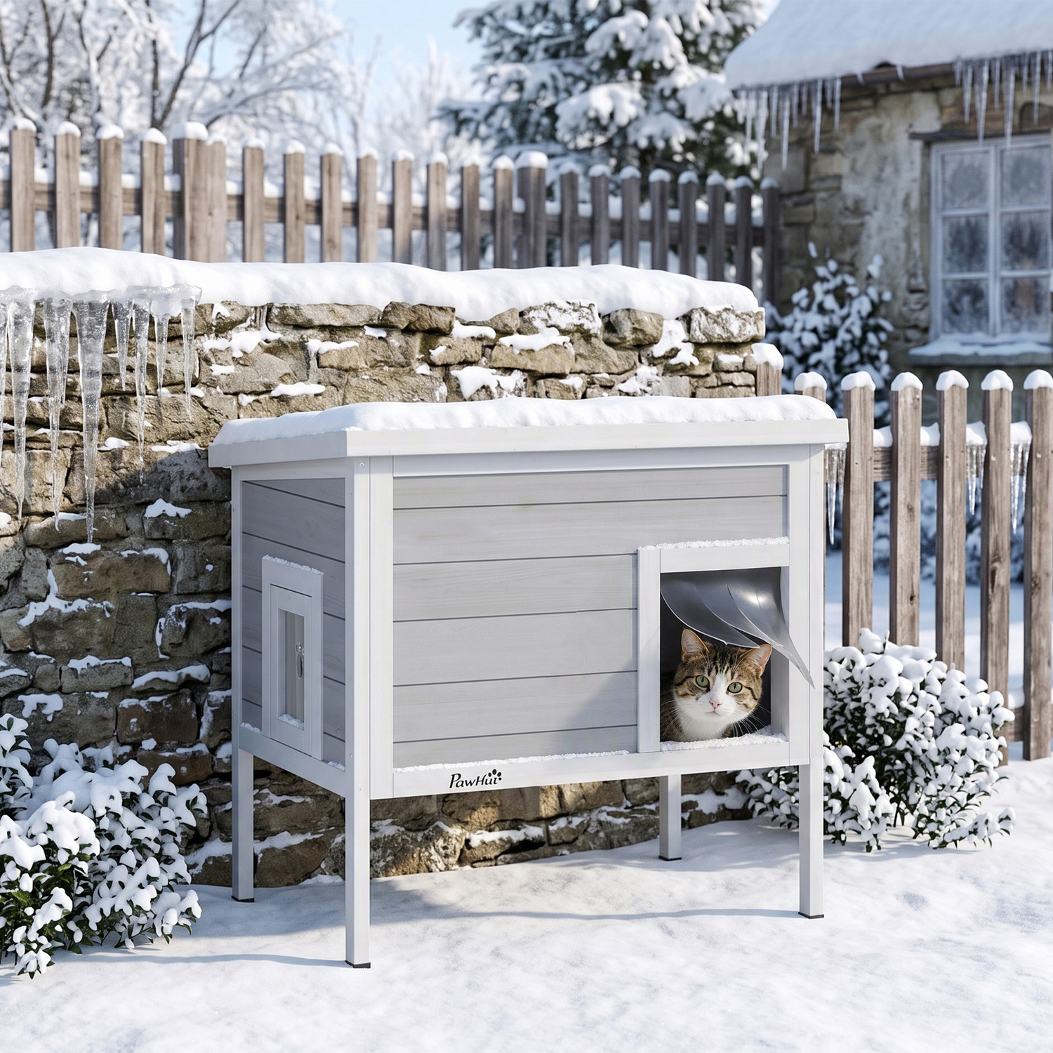 PAWHUT Outdoor Wooden Cat House Weatherproof with Removable Insulated Liner in Dark Grey - Image 3