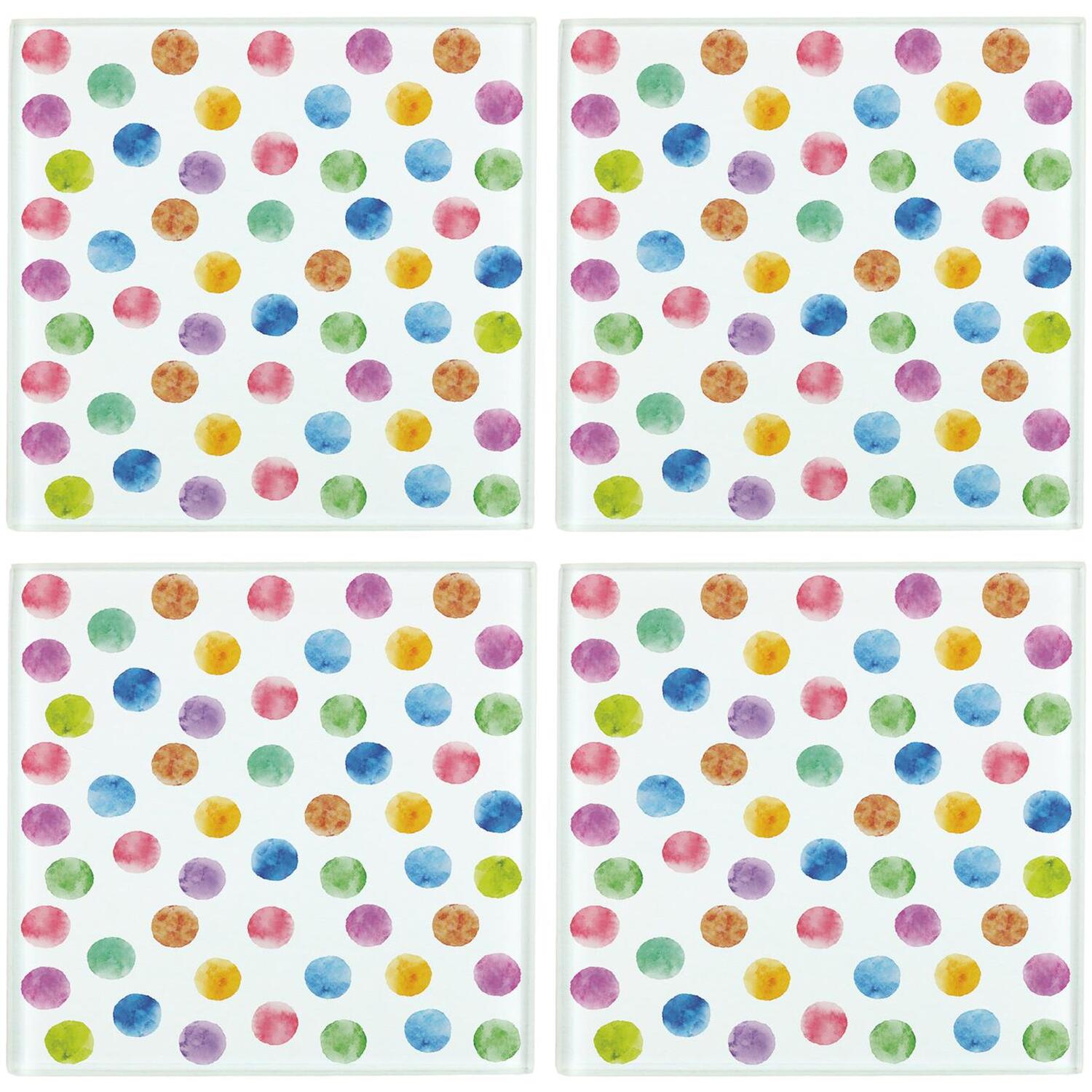 Purely Home Polka Dots Coasters - Colourful Set Of 4 Square Glass Coasters - Multi