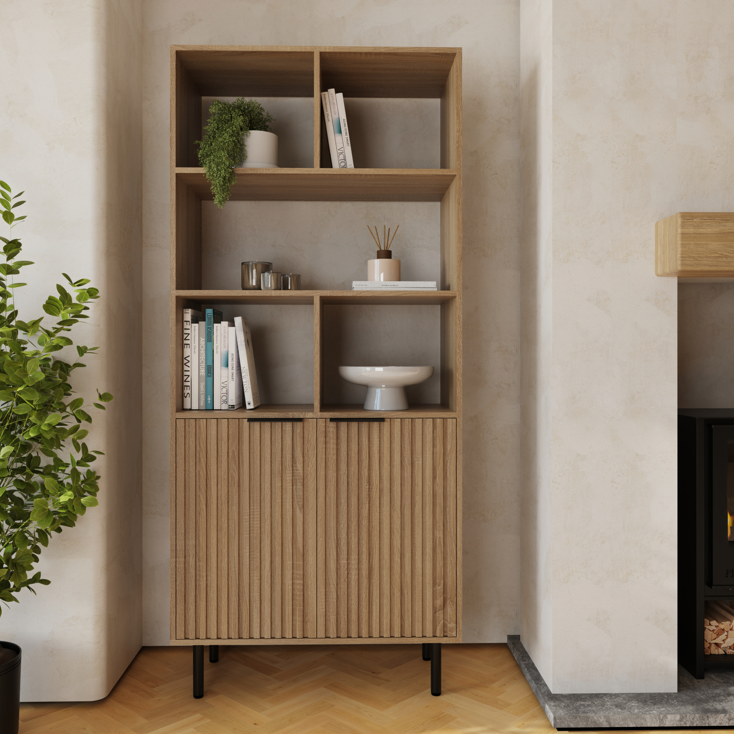 GFW - Tall Shelving Unit - Oak and Black - Asymmetric Design - 2 Door - Image 2