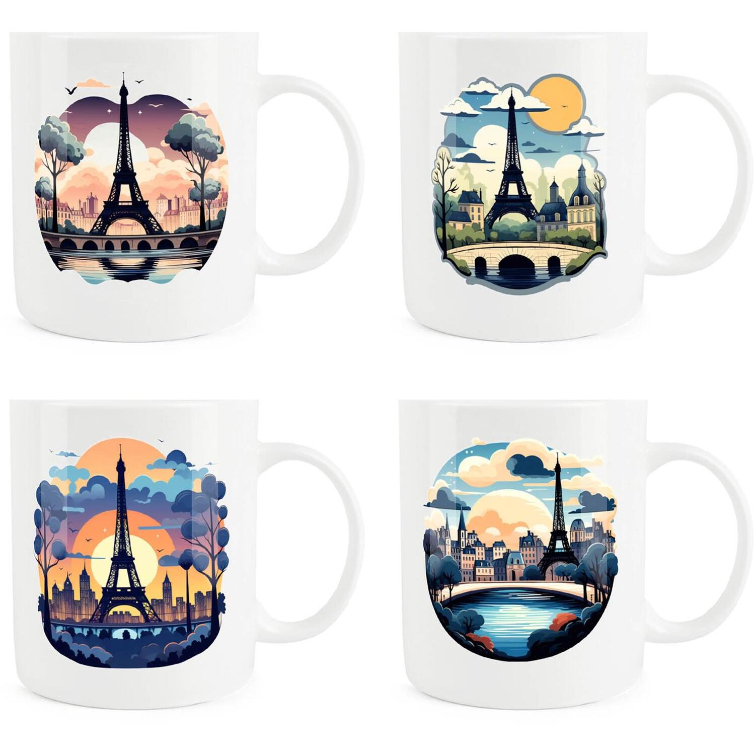 Bone China Paris Poster Style Mugs Set - 4 Pack Eiffel Tower Cups Drinkware Gift - Image 2