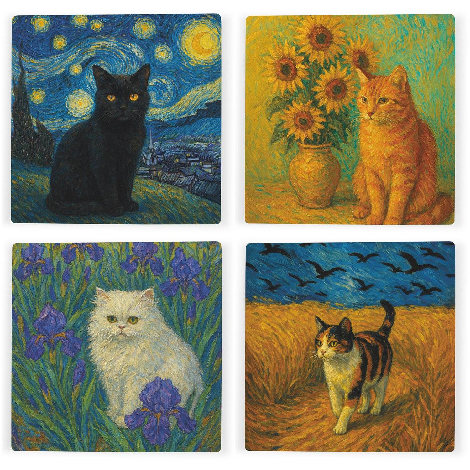 Van Gogh Cats Ceramic Coasters - Novelty Gift for Cat Lovers - Mixed Set of 4 - Image 2