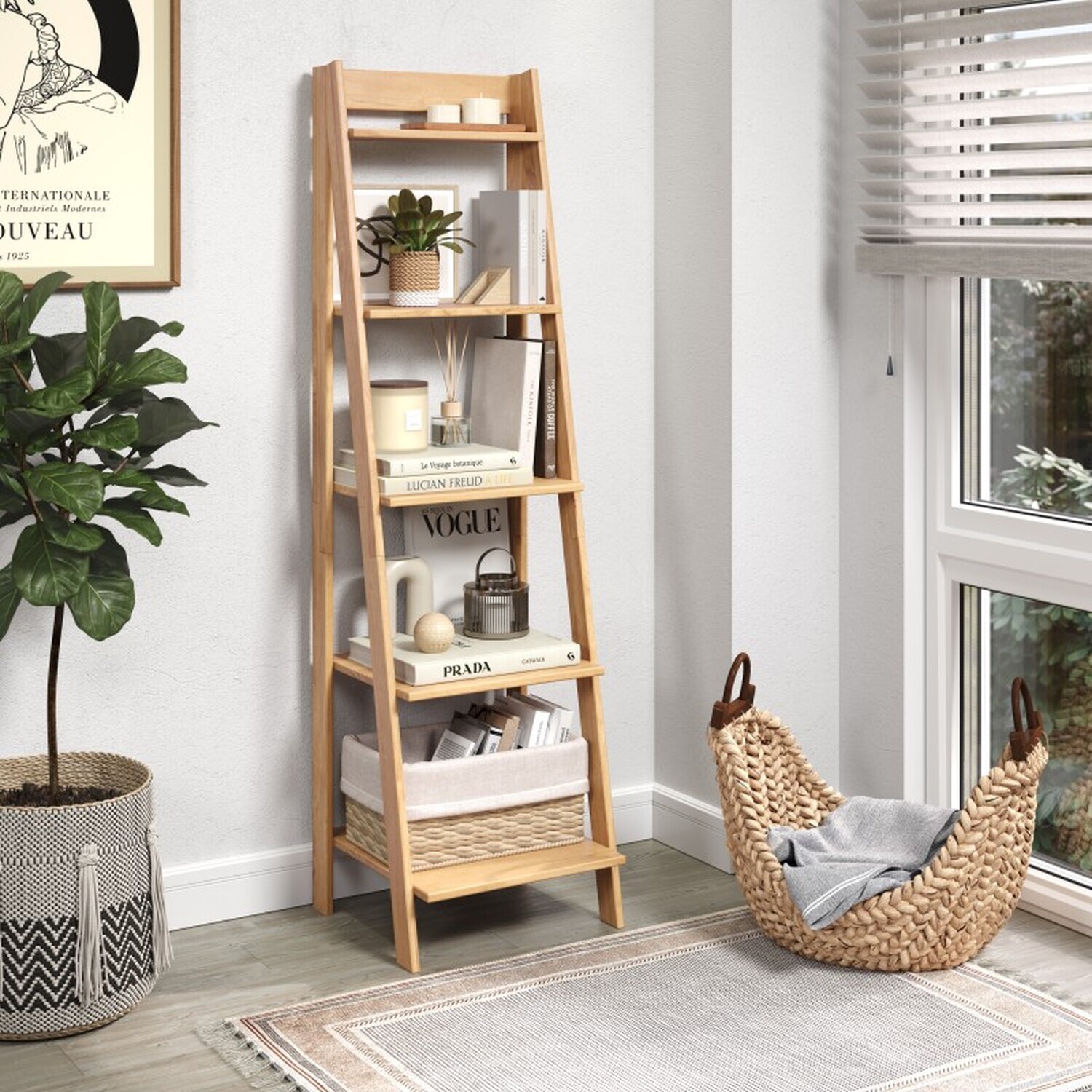 Mercers Furniture Corona Ladder Bookcase Solid Wooden Pine Wood Leaning Open Display - Brown