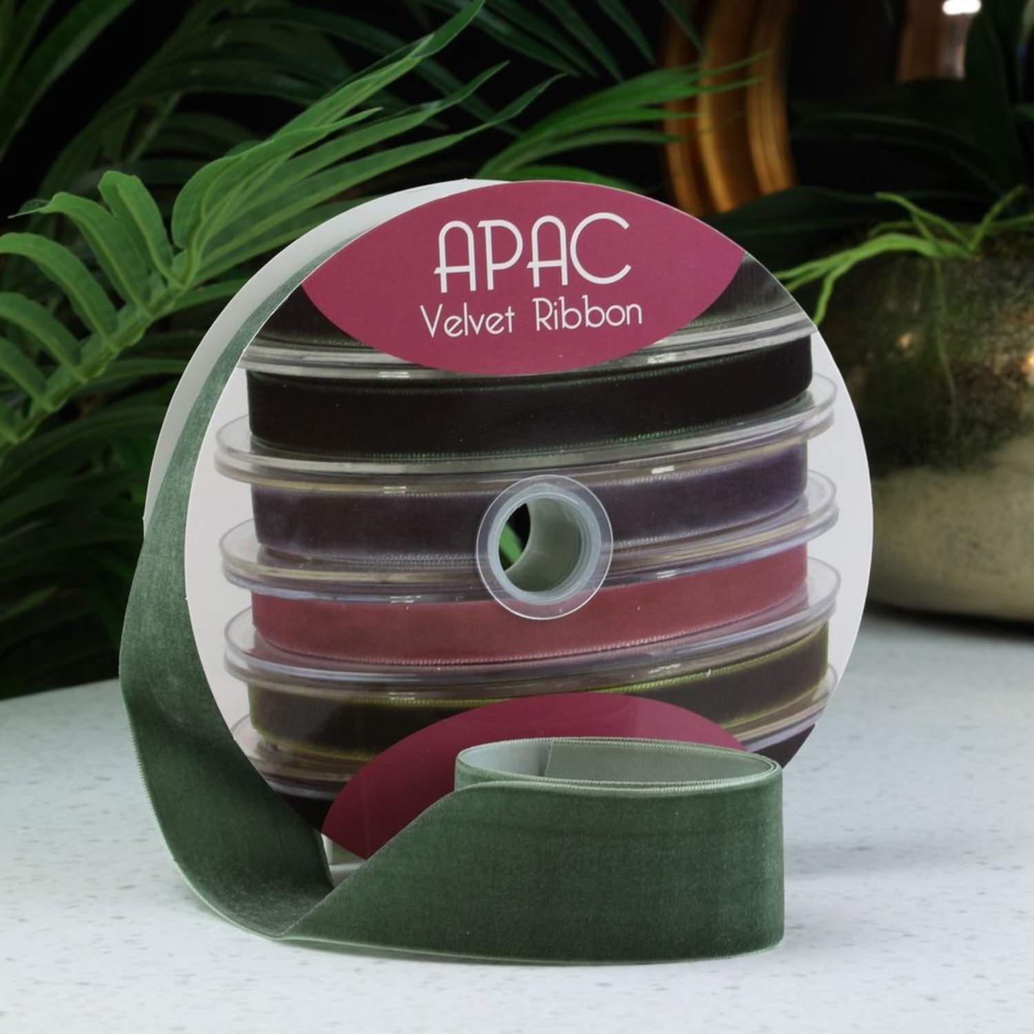 Kdmd Dusky Green Velvet Ribbon Non-Wired Ribbon Green - Green