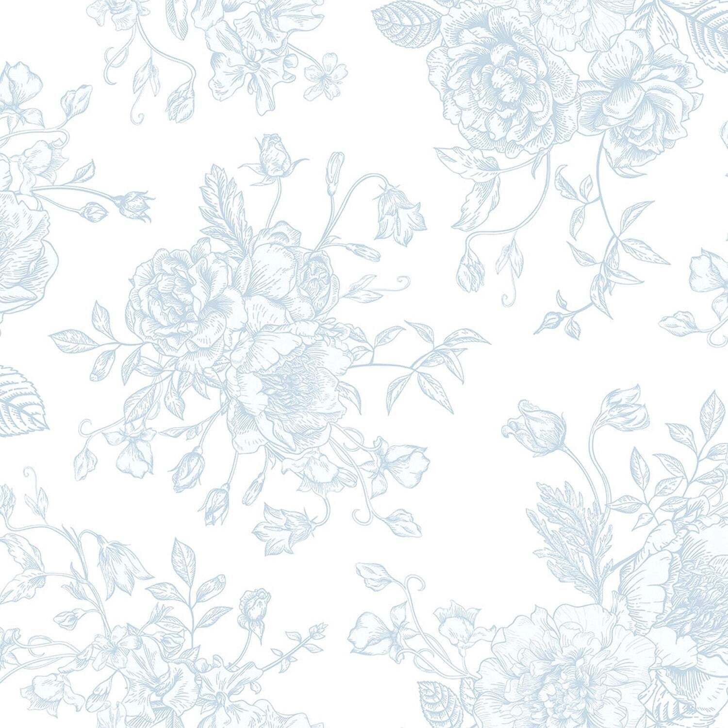 Romantic Roses Wallpaper Sample, Soft Blue on White