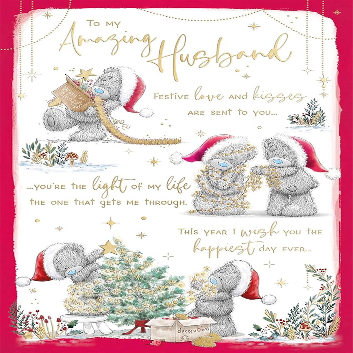 Me To You Bears Decorating Xmas Tree Storyboard To My Wonderful Husband Christmas Card - Red