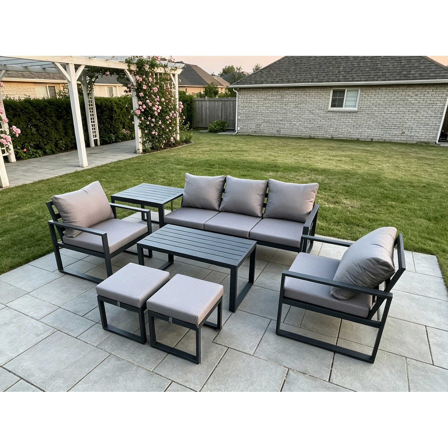 Fimous Unisex Dark Grey Aluminium Patio Outdoor Furniture Set 7 Seater Garden Sofa With Oblong Coffee Table 2 Footstools 2 Armchairs Side Table Small - Image 2