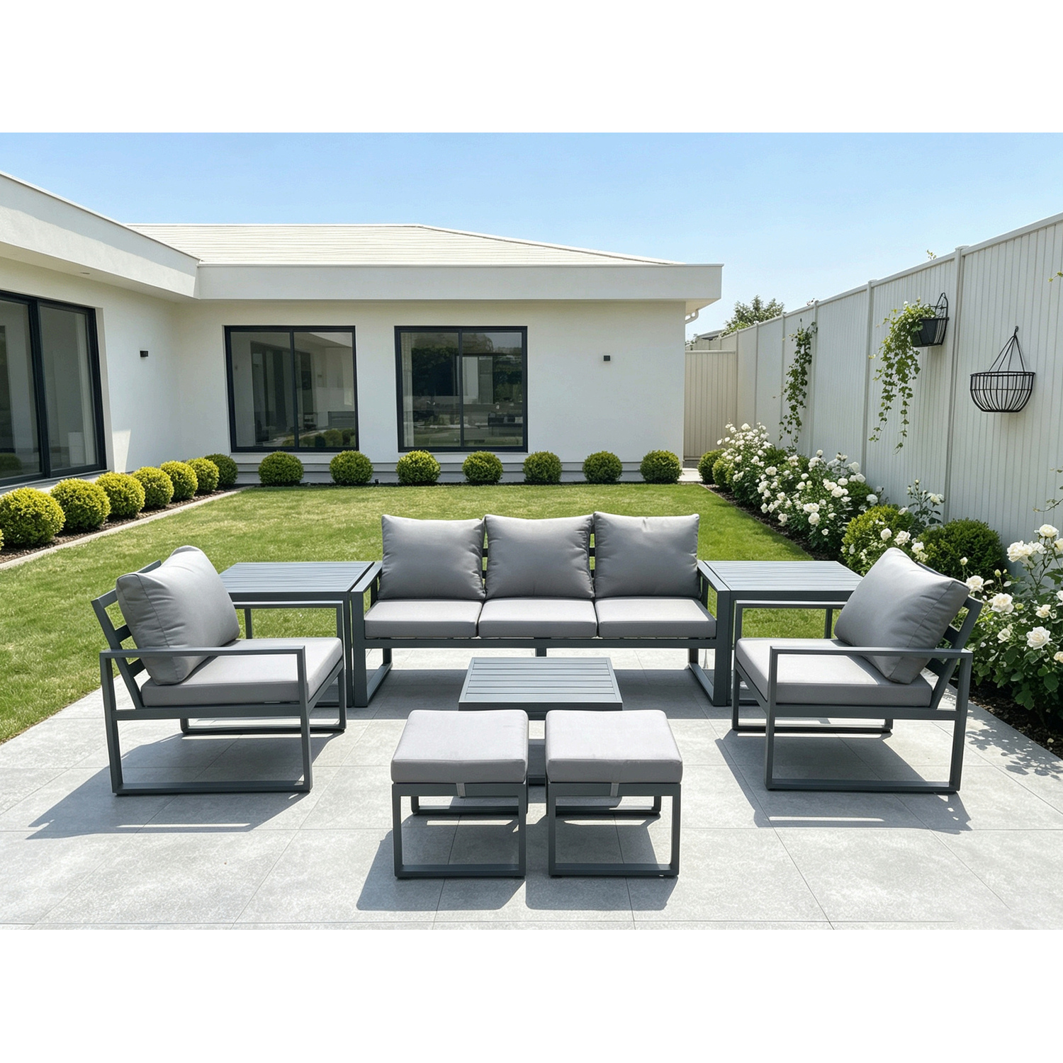 Fimous Aluminium 7 Seater Outdoor Lounge Sofa Set Garden Furniture Sets With Square Coffee Table 2 Chairs 2 Small Footstools 2 Dark Grey - Image 3