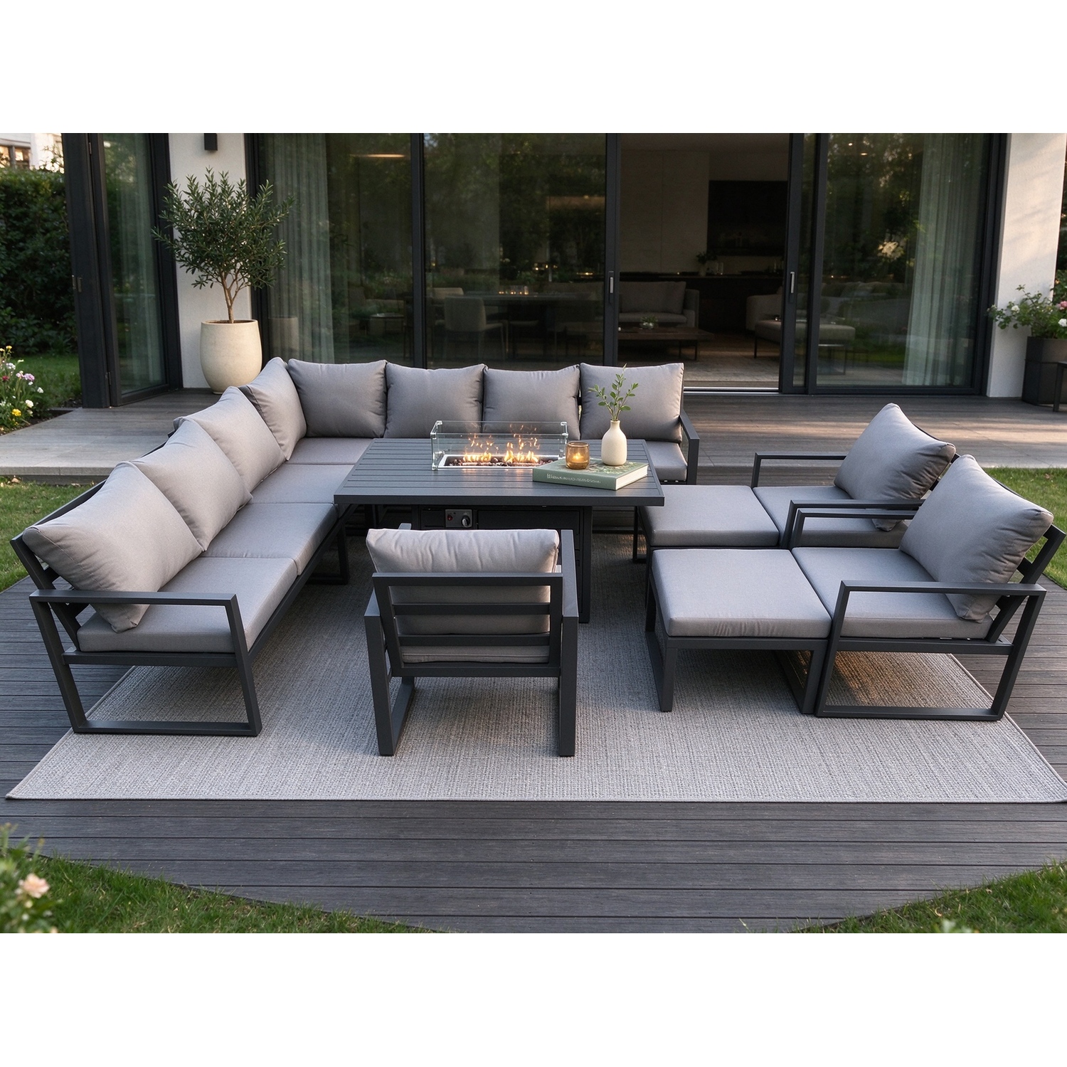 Fimous Dark/Grey 12 Seater Aluminium Garden Furniture Set With Lounge Sofa, Gas Fire Pit Dining Table, 3 Chairs, 2 Big Footstools - Image 2