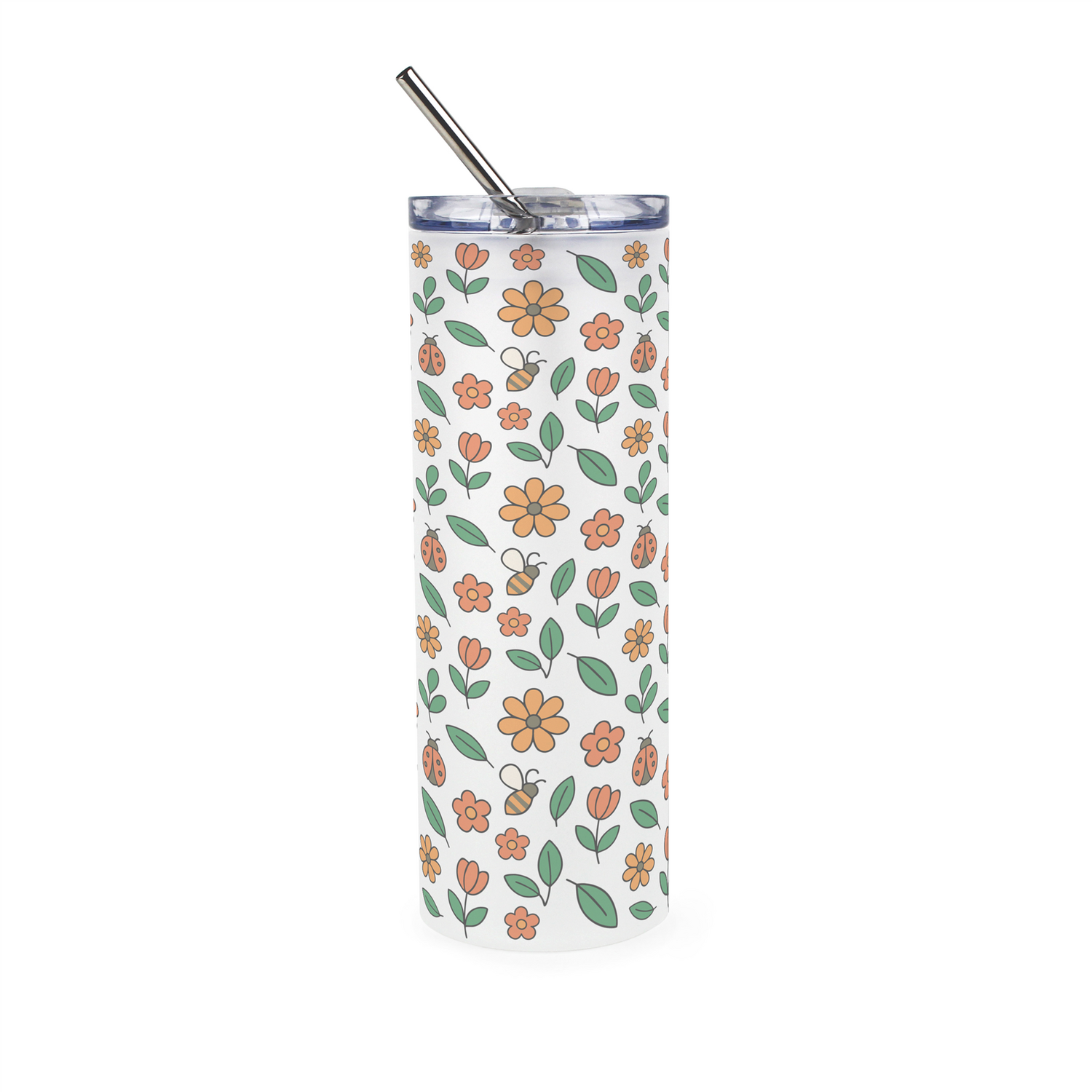 Purely Home Bees & Ladybirds Frosted Glass Travel Flask With Straw