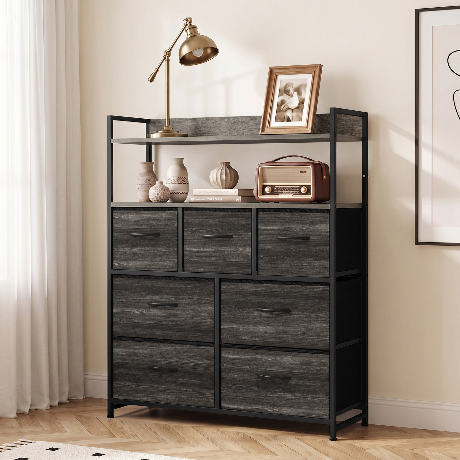 Homcom Chest Of Drawers, Bedroom Fabric Dresser, Grey Wood-Effect - Image 3