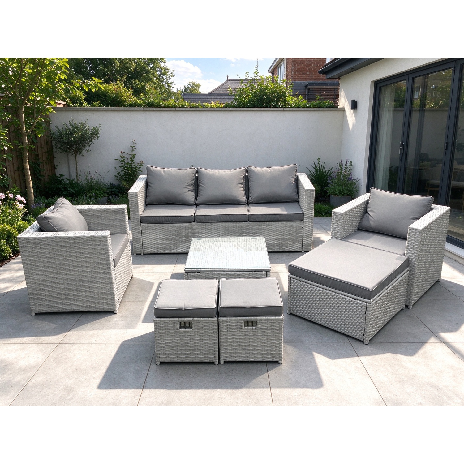 Fimous Light/Grey Rattan Garden Outdoor Furniture Sofa Set With Square Coffee Table 2 Chairs 3 Footstools Mixed - Image 2