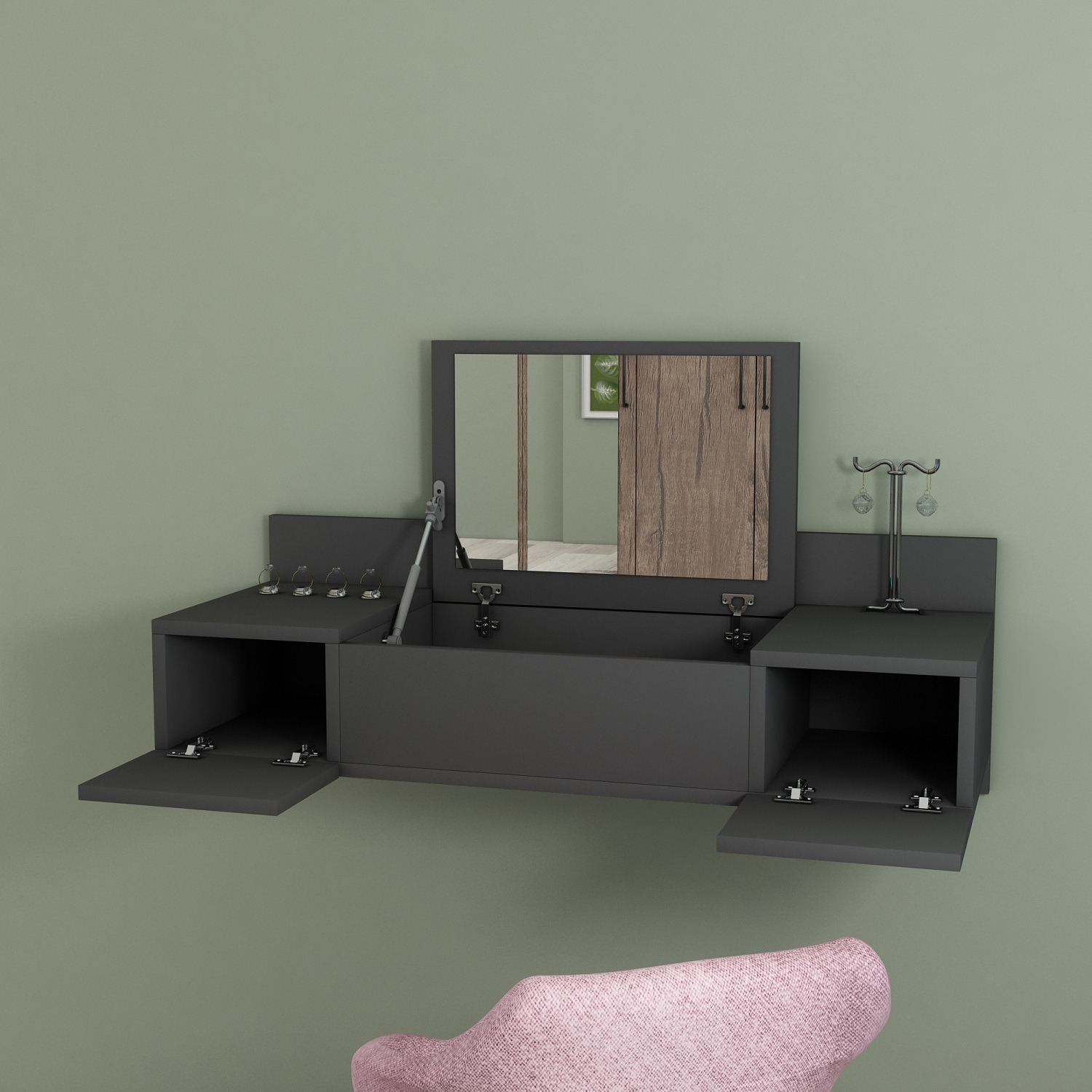 Zakkum Makeup Vanity Table With Mirror Wall Mounted - Anthracite
