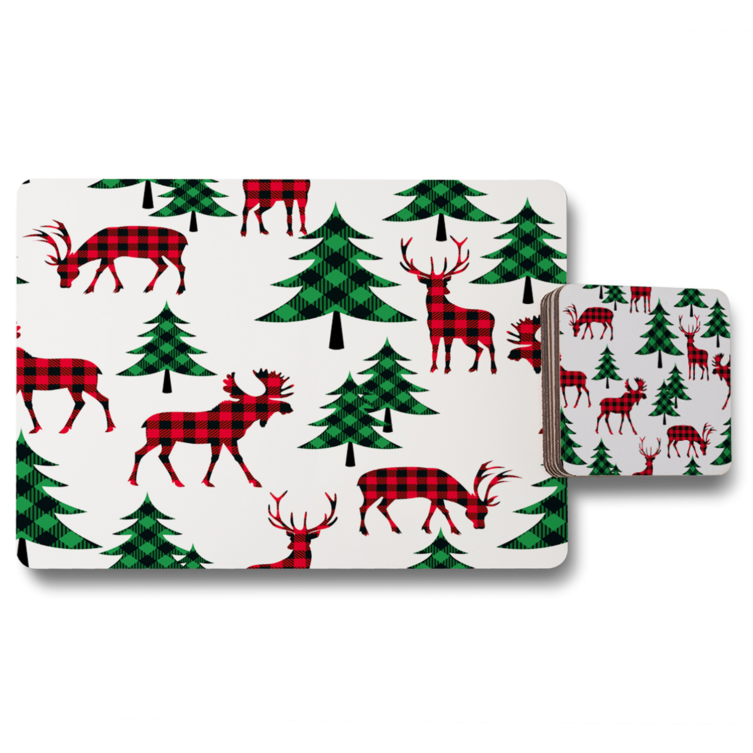 Buffalo Plaid Woodland Dining Placemat  Coaster Set - Red