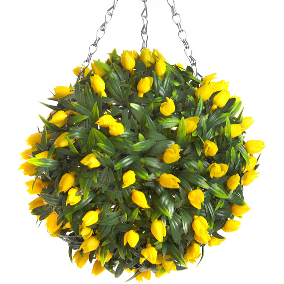 Best Artificial Outdoor 28cm Yellow Tulip Hanging Basket Flower Topiary Ball