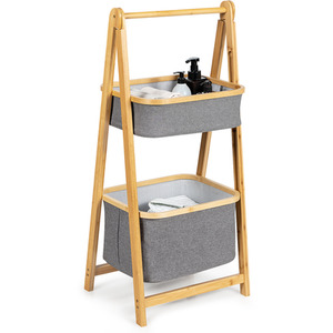 2-tier Bamboo Laundry Hamper Shelf-Natural
