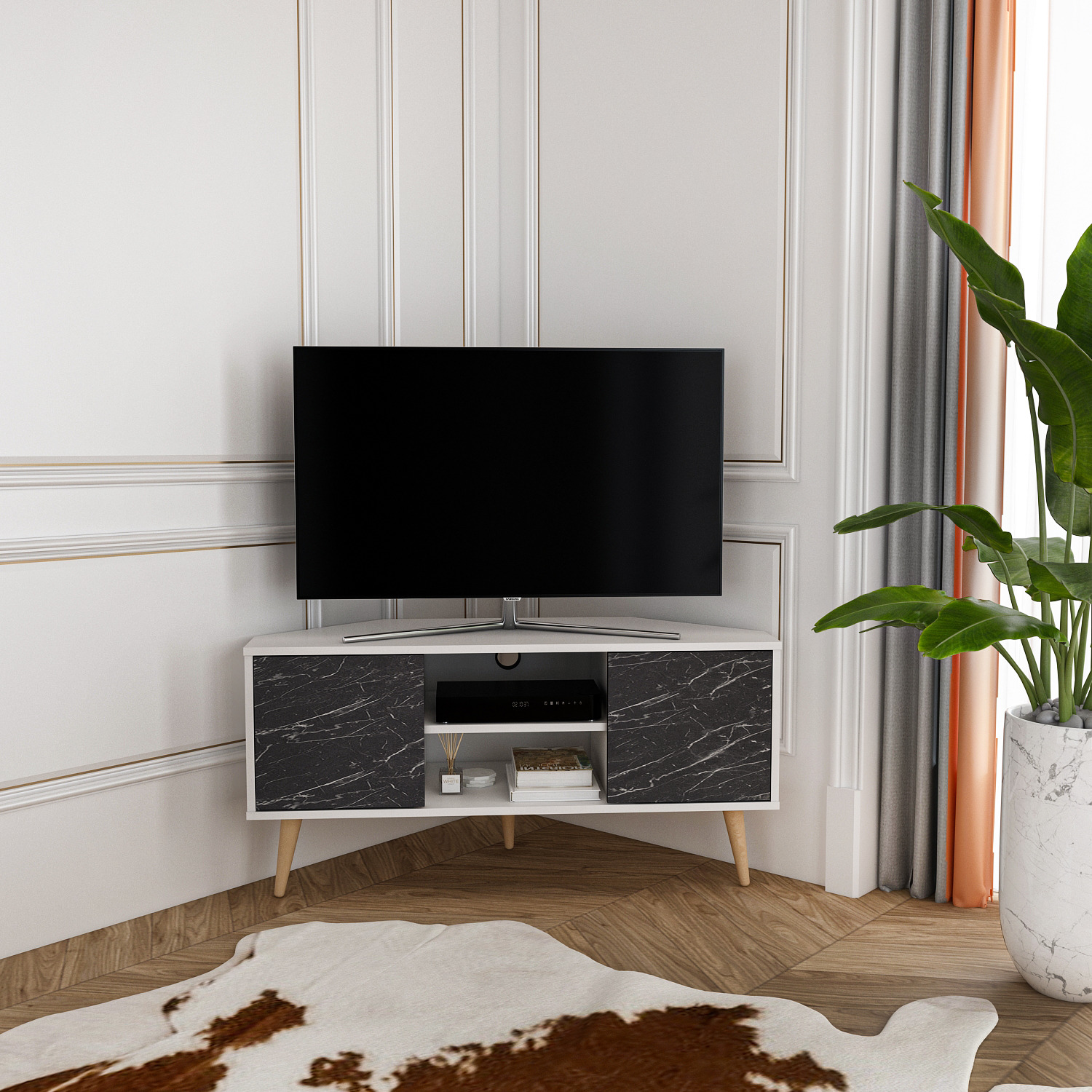 Lesson Corner Tv Unit - White And Black Marble Effect