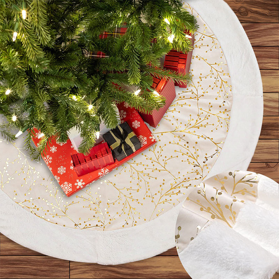 Hot Stamping Golden Twig Plush Christmas Tree Skirt 