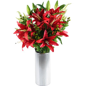 Red Lily Display Silver Glass Vase
