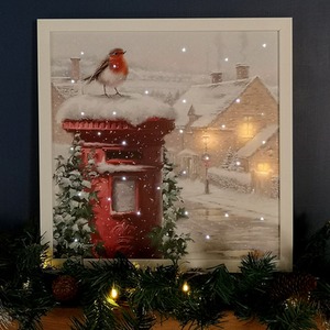 LED Battery Operated Fibre Optic Wall Art Canvas with a Robin and Postbox