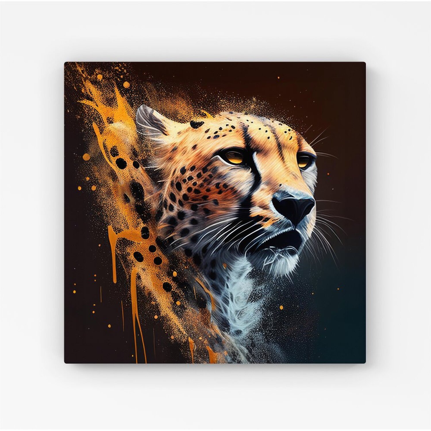 Warren Reed - Designer - Cheetah Face Splashart Dark Background Canvas Print - Yellow / 101.6cm thumbnail