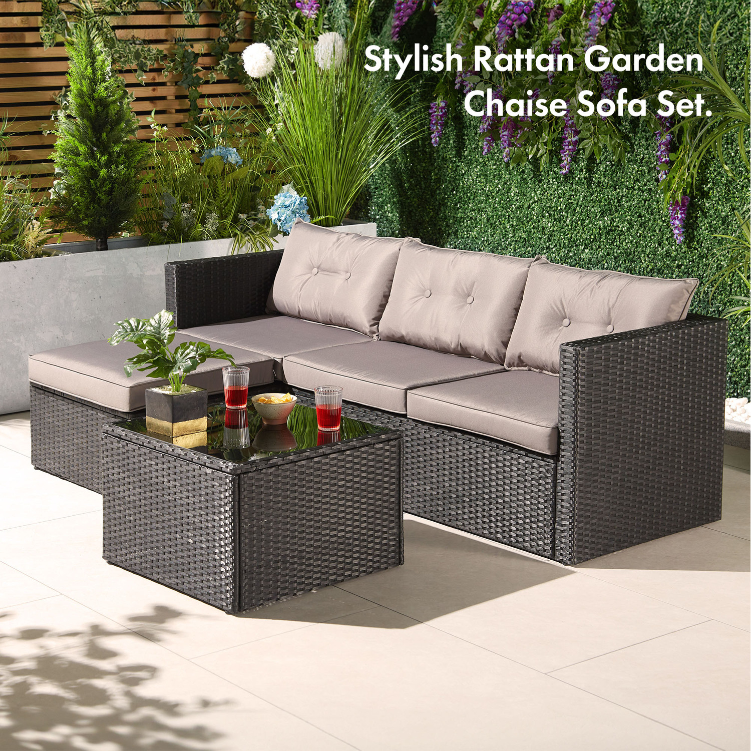 Rattan Corner Sofa Set With Table - Black