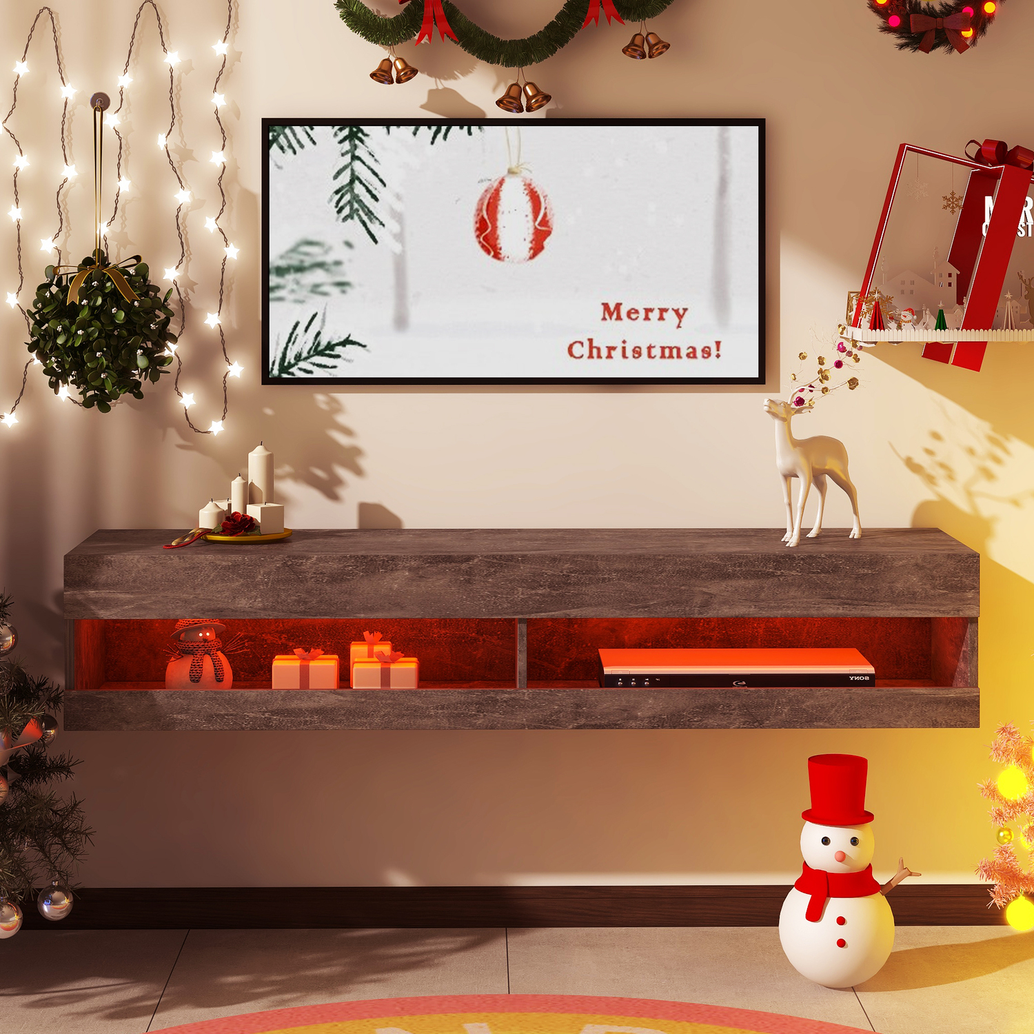 Floating Tv Stand Media Console Storage Shelf With Led Lights - Grey