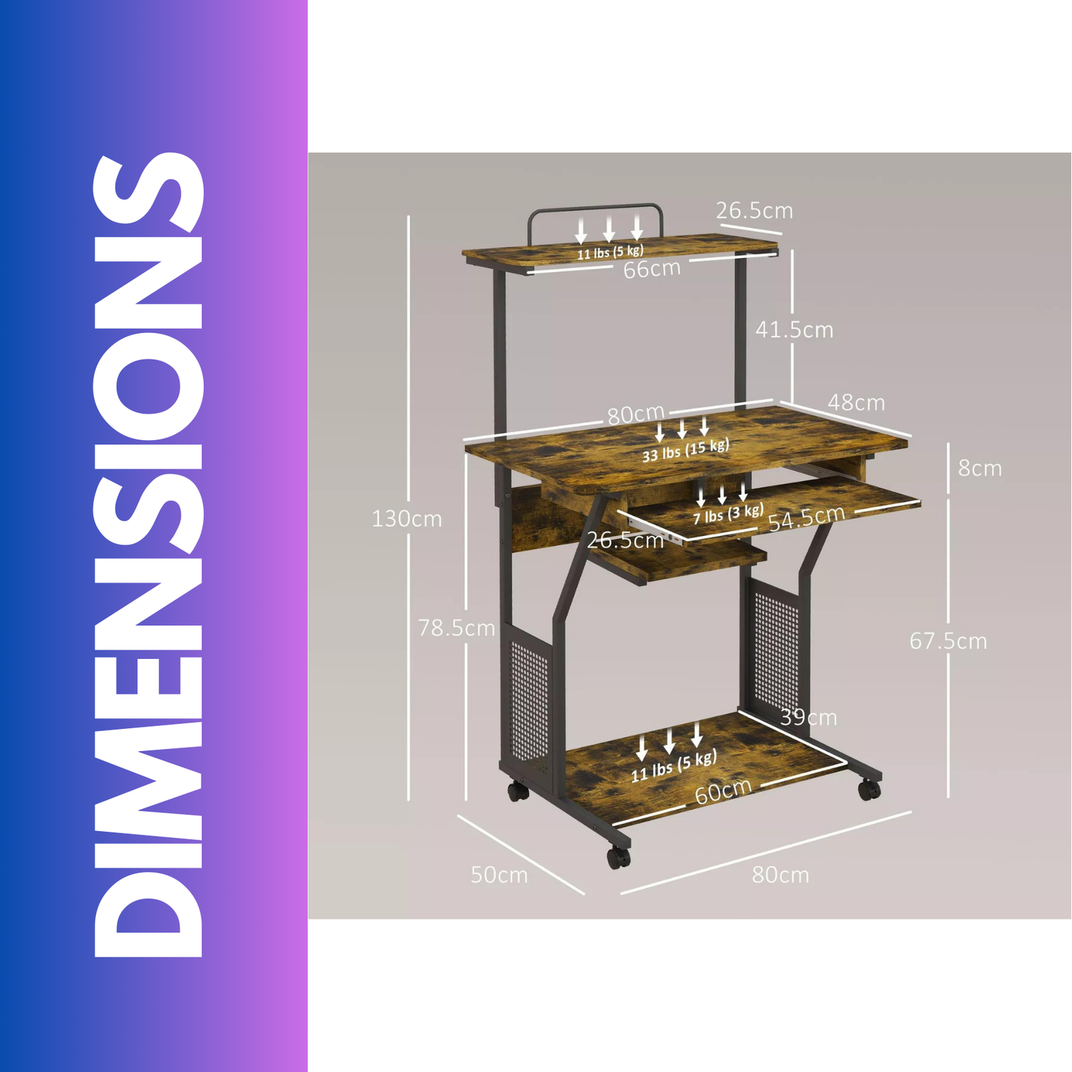 Industrial Rolling Computer Desk With Keyboard Tray And Shelves - Brown