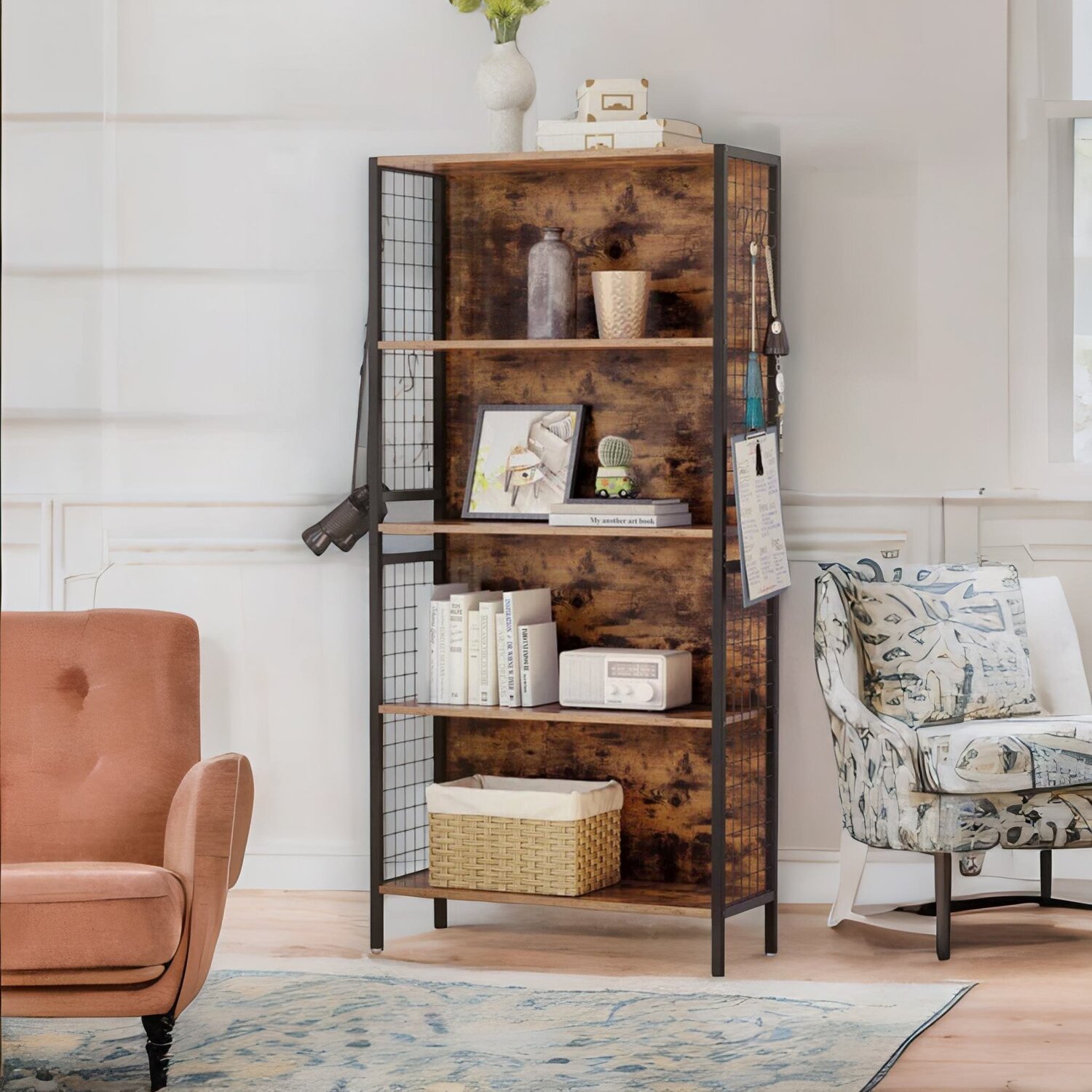 Industrial 4 Tier Bookcase Storage Cabinet Rustic Shelving Unit - Brown