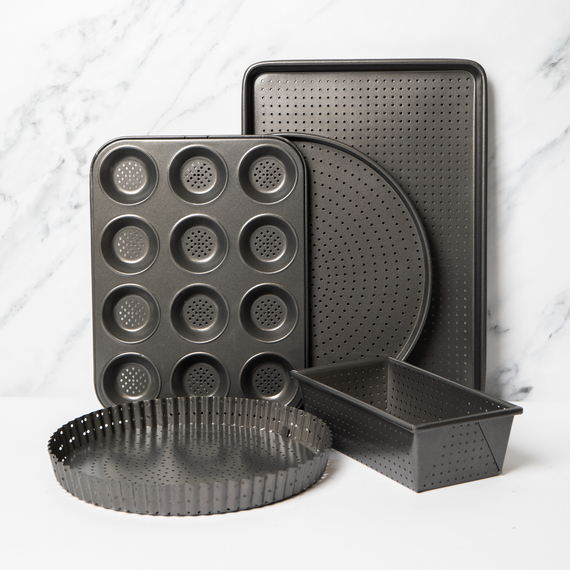 5pc Non-Stick Quiche Tin, Pizza Crisper, Loaf Pan, Baking Tray, 12-Hole Pan