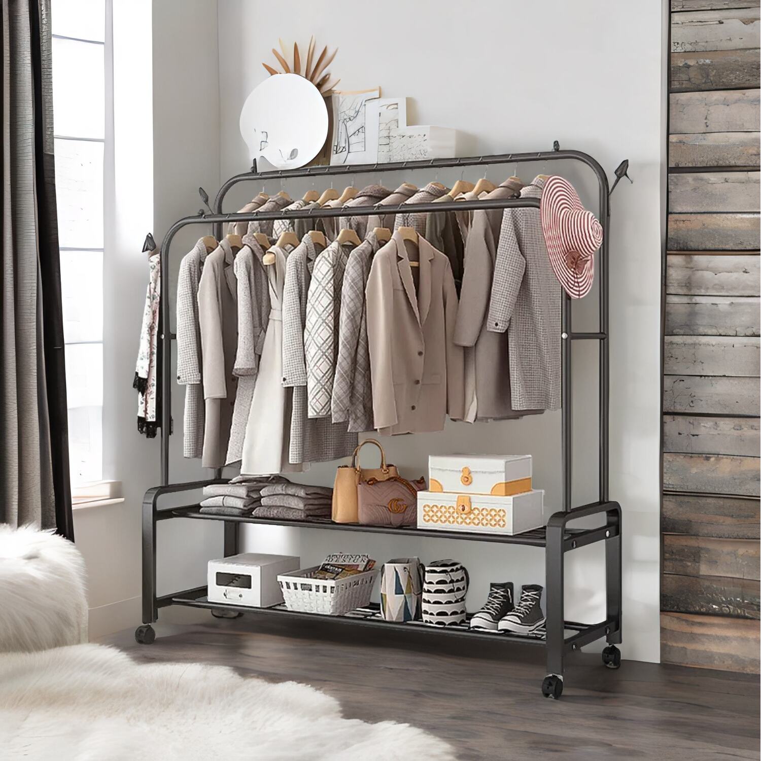 Heavy Duty Metal Clothes Rail Open Wardrobe With 2 Storage Shelves - Black