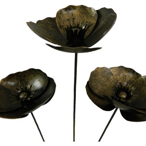 Set of 3 Metal Poppies on 100cm stick Gold