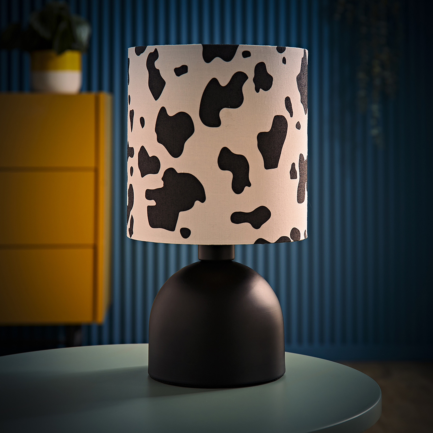 Miley Cow Print Table Lamp with Drum Shade and LED Bulb - Black